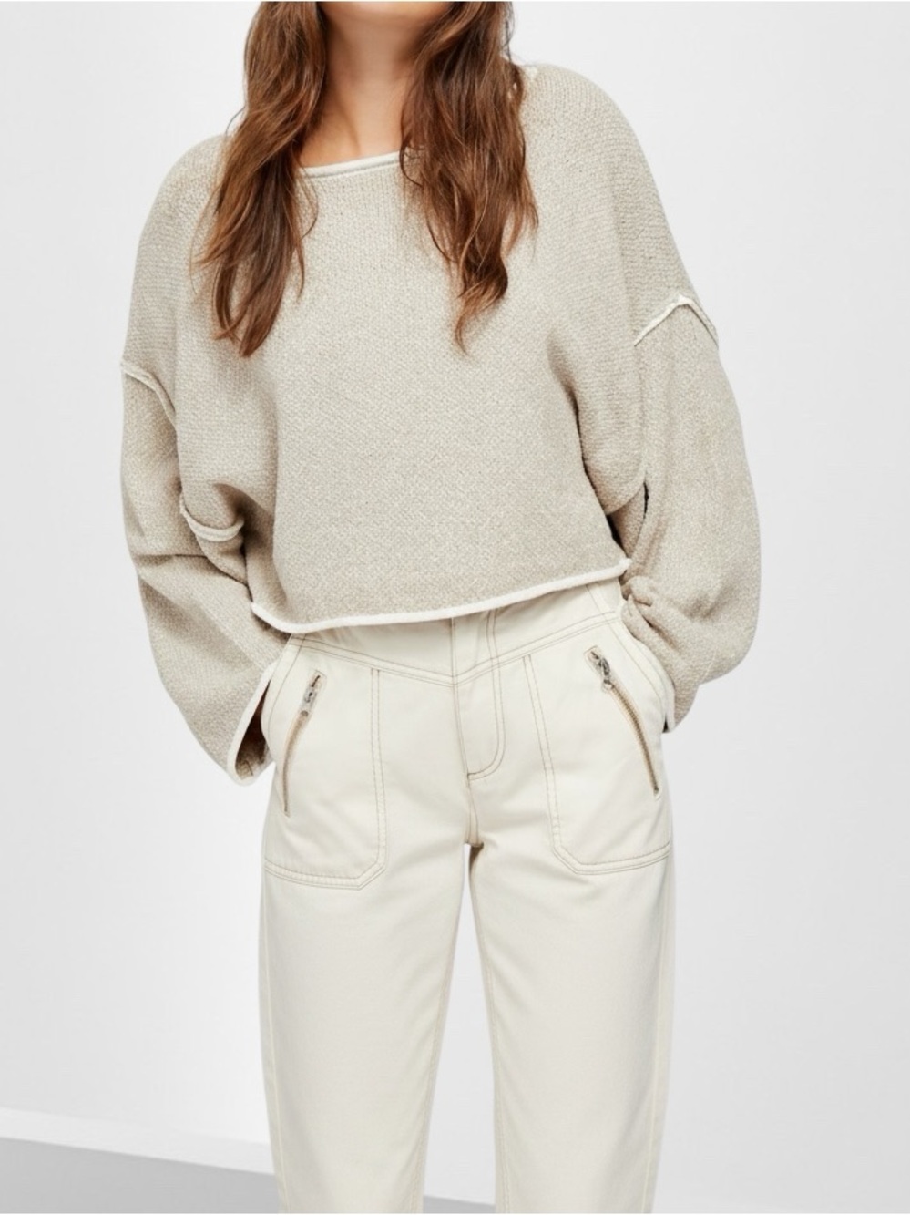 Free People Bardot Beige Knit Pullover Sweater Rounded Neckline Size Small